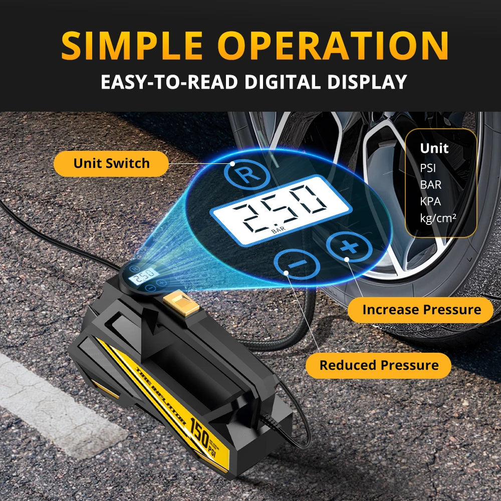 Pompa Aria Portatile 12V LED 150 PSI Compressore Pneumatici Elettrico Per Auto Bici Moto