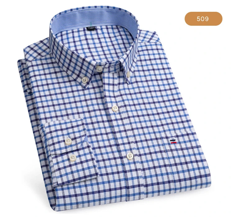 Camicia Da Uomo Oxford Abbottonata Maniche Lunghe In Cotone Al 100 Percento Con Tasca A Quadri Piccoli Stile Casual