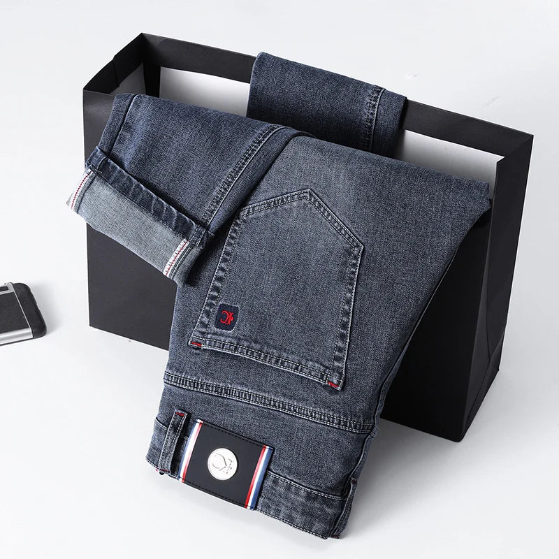 Jeans Uomo Slim Fit A Gamba Dritta Stile Europeo Pantaloni Lunghi Elasticizzati Casual Da Lavoro Versatili