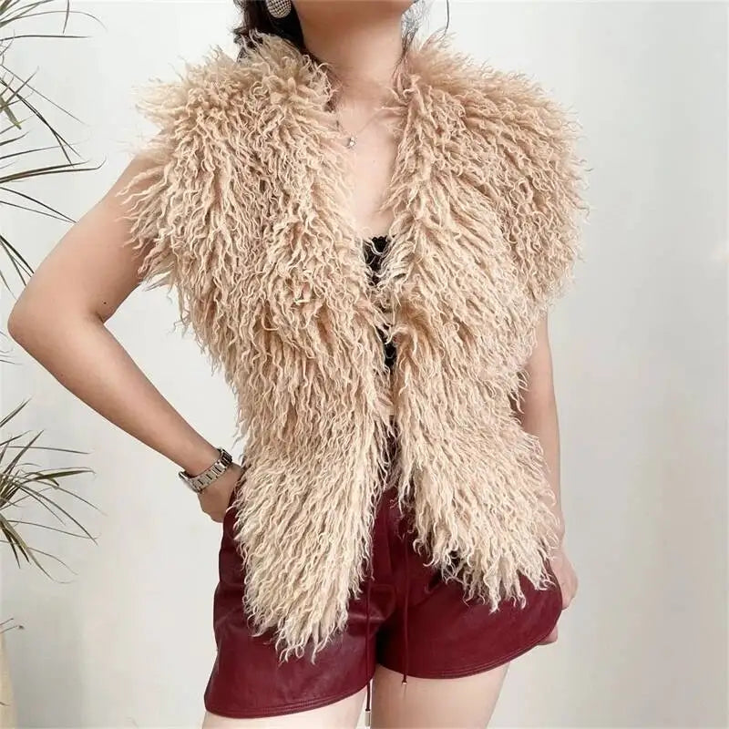 Lanmrem 2025 Gilet Pelliccia Sintetica Donna Imitazione Shearling Chic Autunno Inverno Abbigliamento 2DB4916