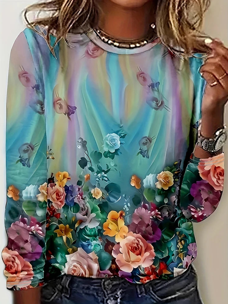 Magliette Calde Da Donna Per Autunno Inverno Maniche Lunghe Stampe Fiori 3D Casual Street Style
