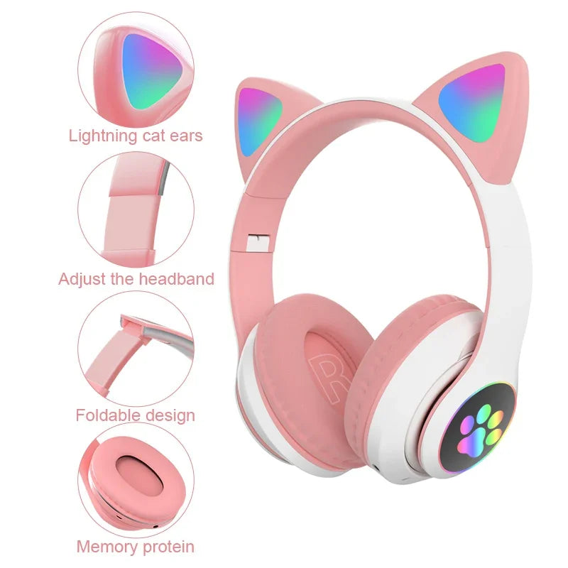 Lampada Cuffie Orecchie Di Gatto Bluetooth 5 0 Stereo Microfono Slot TF Auricolare Wireless Ragazze Bambini Regalo