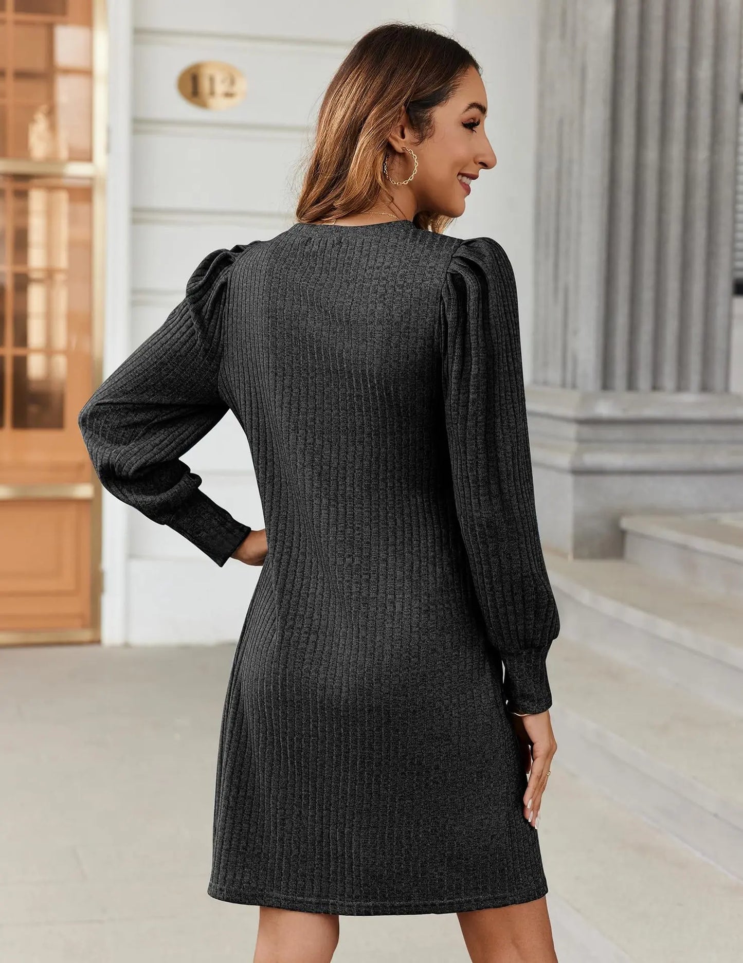 Abito da Donna in Maglia con Maniche a Palloncino e Tasche Laterali Autunno Inverno Comfort Quotidiano