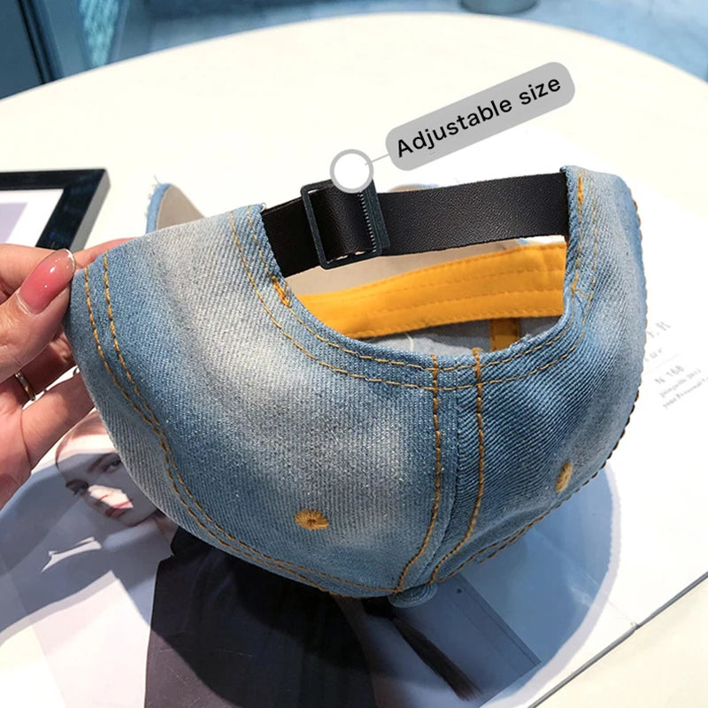 Berretto Da Baseball Da Donna In Denim Con Stella Di Strass Regolabile Snapback Con Visiera Alla Moda