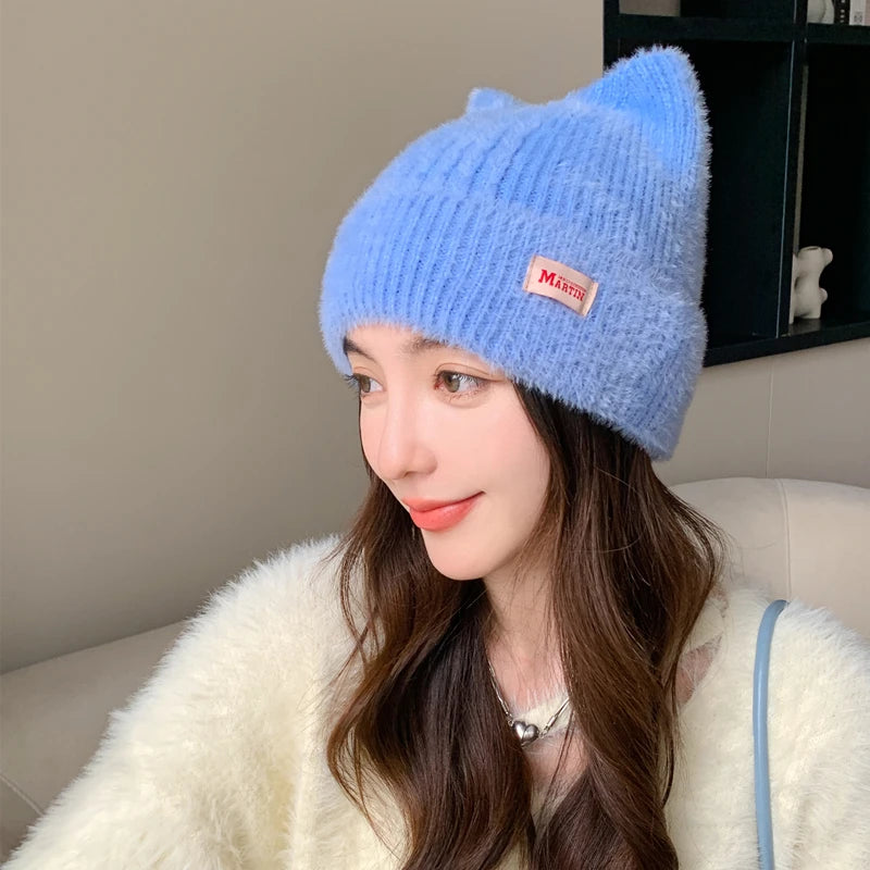 Cappello Invernale Femminile con Orecchie da Gatto Pelliccia Sintetica Lavorato a Maglia Stile Kpop Morbido Berretto