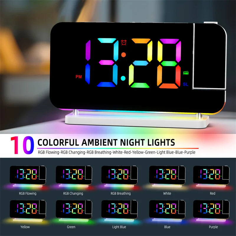 Radio FM a Proiezione 180 Gradi con Sveglia RGB e Luce Notturna 6 Livelli di Luminosità USB Doppia Uscita Orologio LED