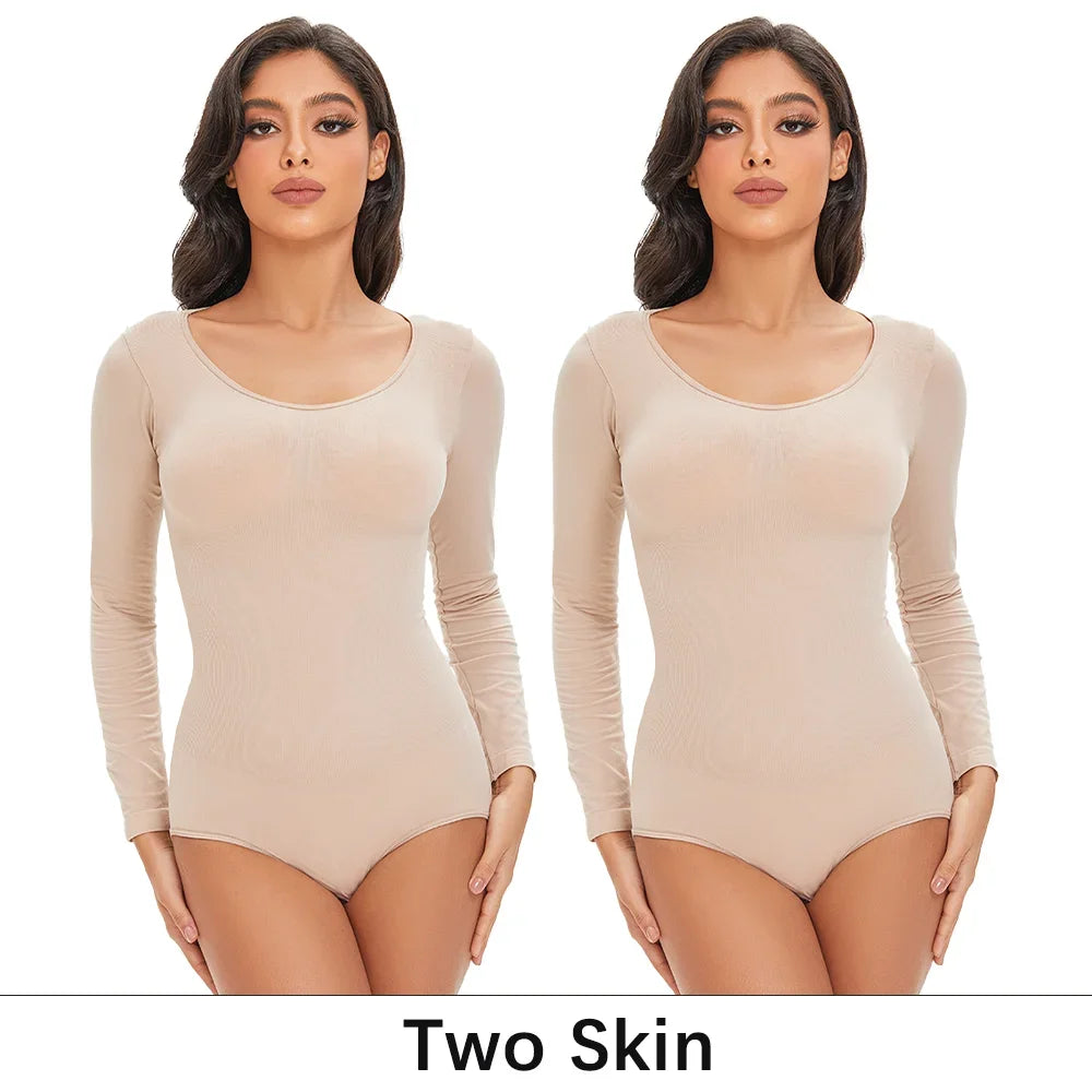Pokarla Body Suit Spandex Elastico Shapewear Donna Controllo Pancia Manica Lunga Cavallo Aperto Girocollo Shaper