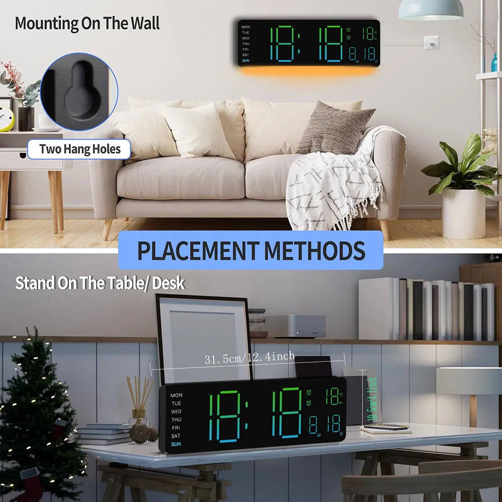 Orologio Da Parete Digitale A Led Con Calendario Telecomandato Luce Notturna Colorata Per Soggiorno Casa Intelligente