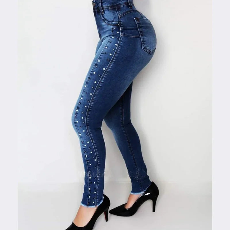 Jeans Donna Vita Alta Slim Skinny Denim Elastico Blu Vintage Con Perline Push Up Pencil