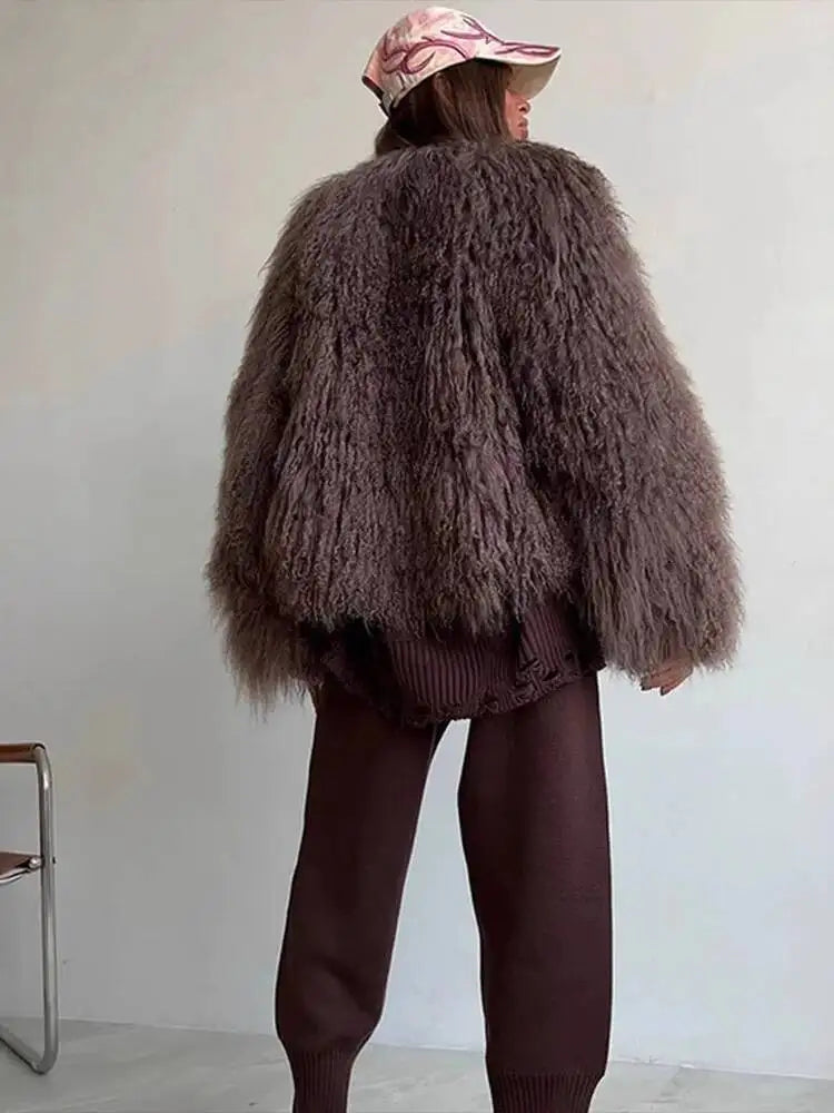 Cappotto Donna Pelliccia Sintetica Marrone Girocollo Allentato Maniche Lunghe Spessa Peluche Giacca Inverno Nuovo 7A1041