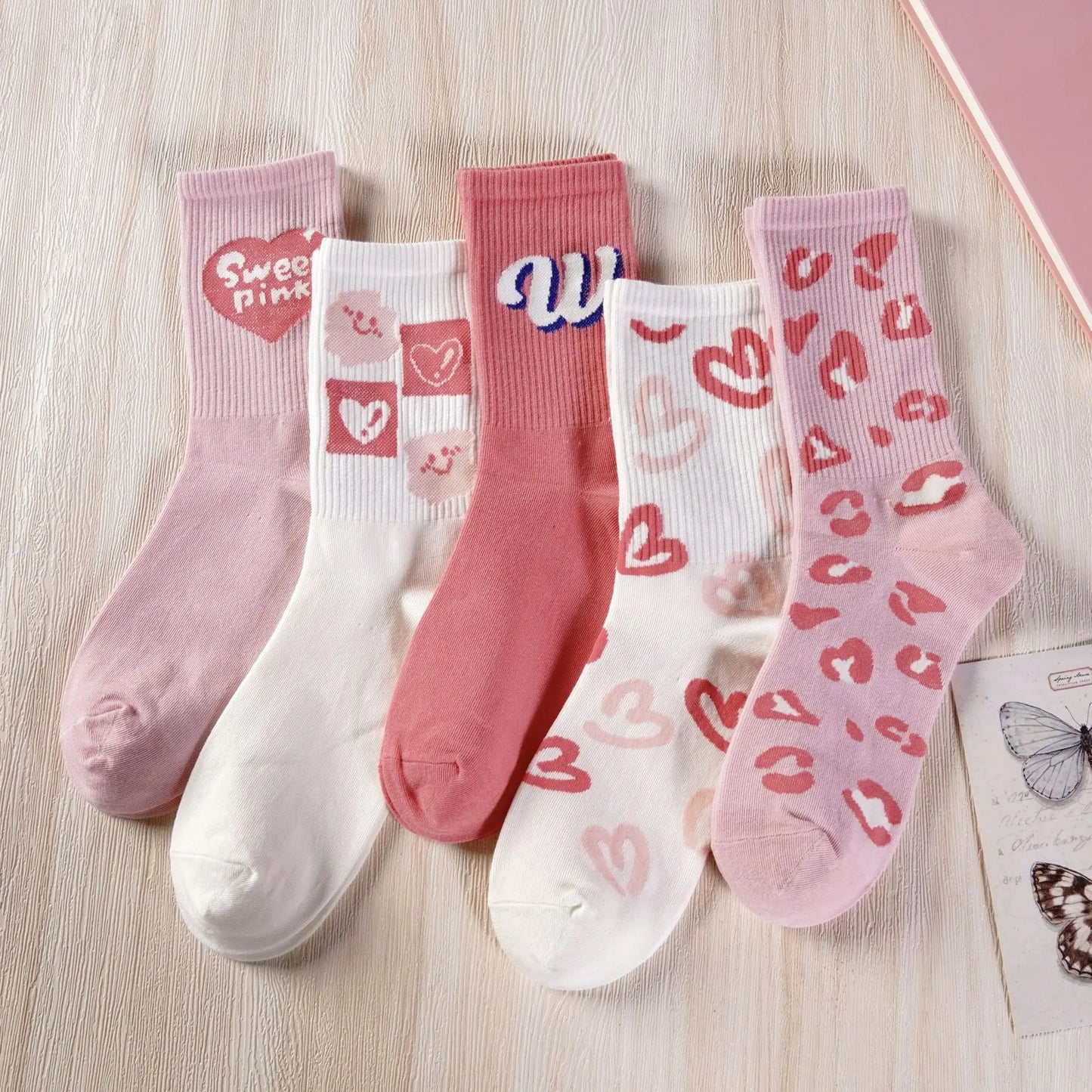 5 Paia Calzini Da Donna In Cotone Set Autunno Primavera Inverno Kawaii Harajuku Rosa Bianco Love Print