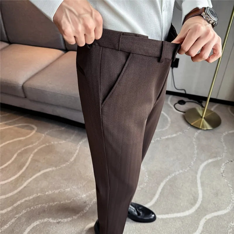 Pantaloni Da Abito Inverno In Lana Spessa Con Vita Elastica Gessati E Tinta Unita Per Uomo