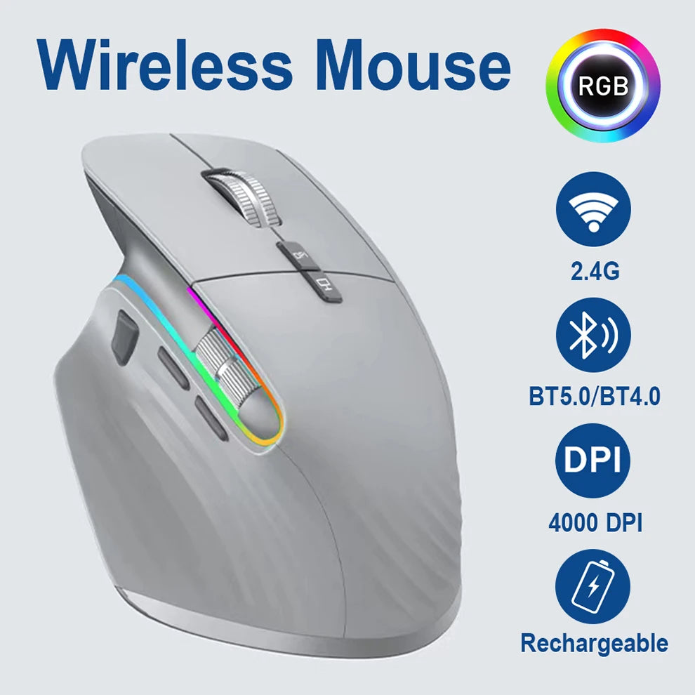 Mouse Wireless Multi Dispositivo Bluetooth 5.0 e 3.0 2.4G Ottico Portatile Ergonomico Per Computer Mano Destra