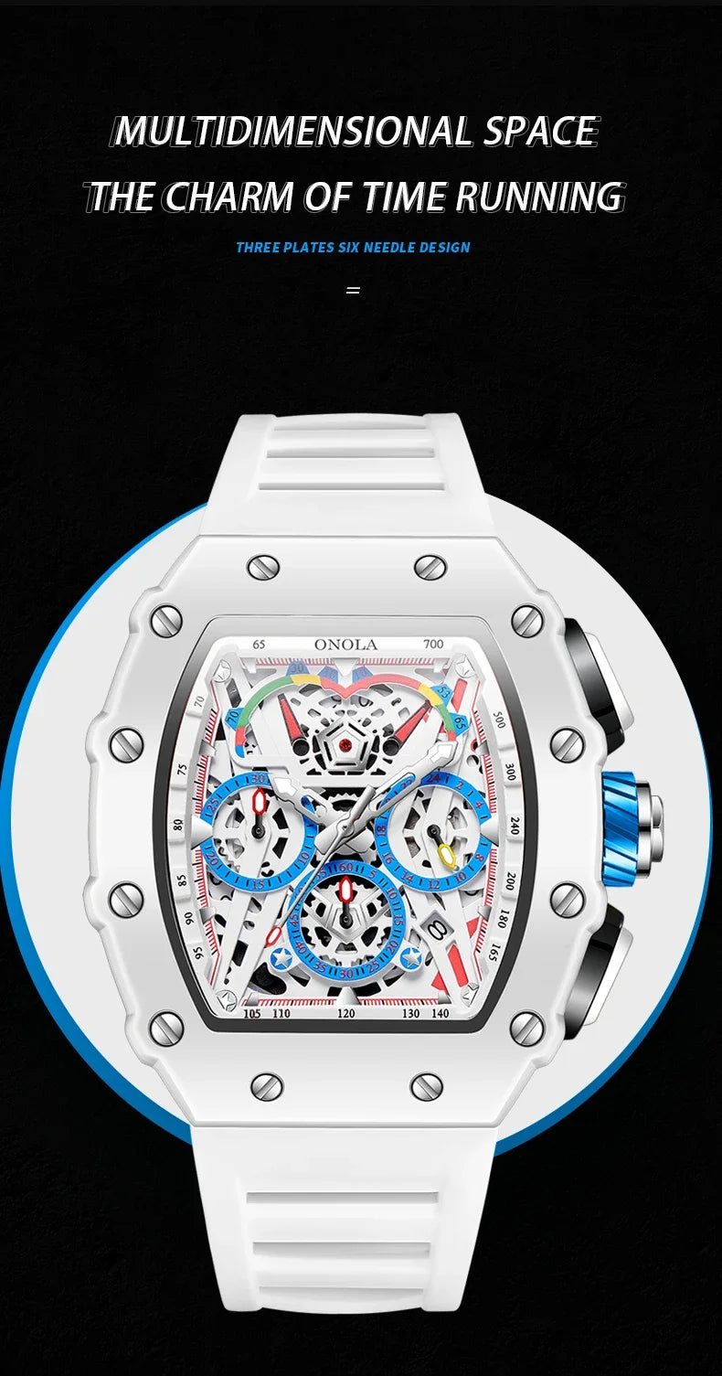 Orologio Da Uomo Di Lusso Onola Moda Casual Cinturino In Silicone Multifunzione Quarzo Impermeabile Bianco