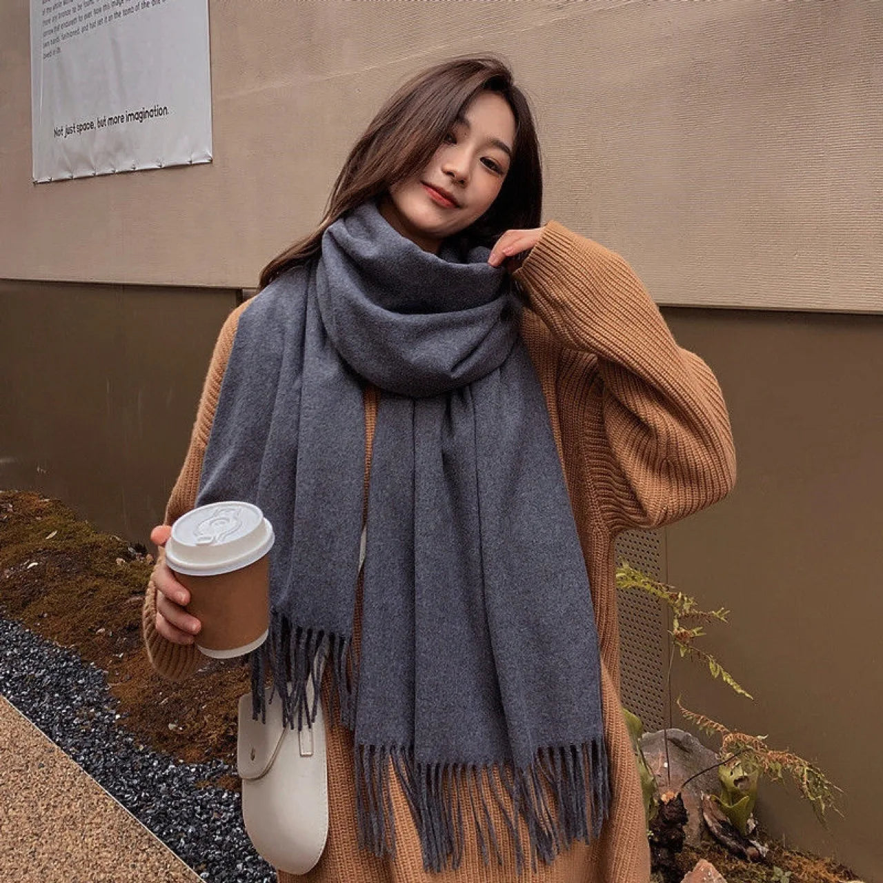 Sciarpa Nera In Lana E Cashmere Donna Calda E Morbida A Quadretti Inverno Autunno Dalla Forma Classica XWJ07