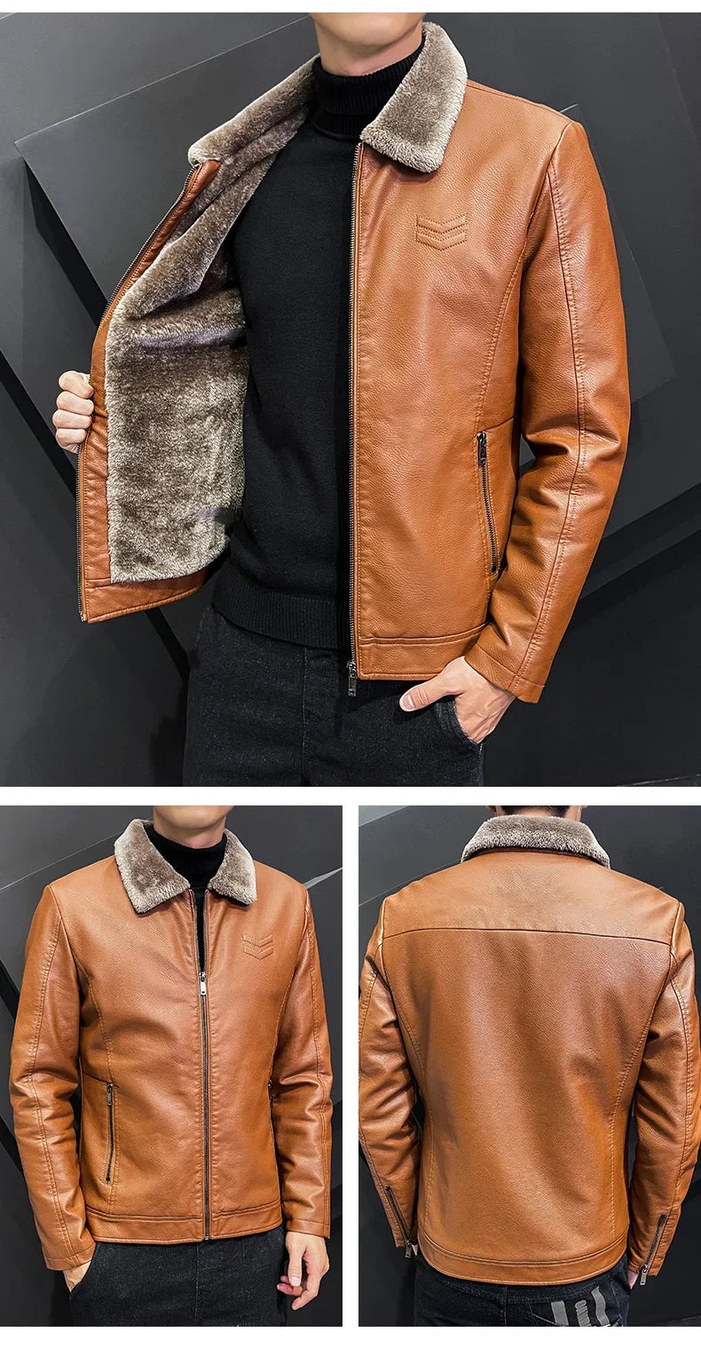 Giacca In Pelle Ispessita Da Uomo Invernale Con Cerniera E Bavero Design Taglie Forti Bomber