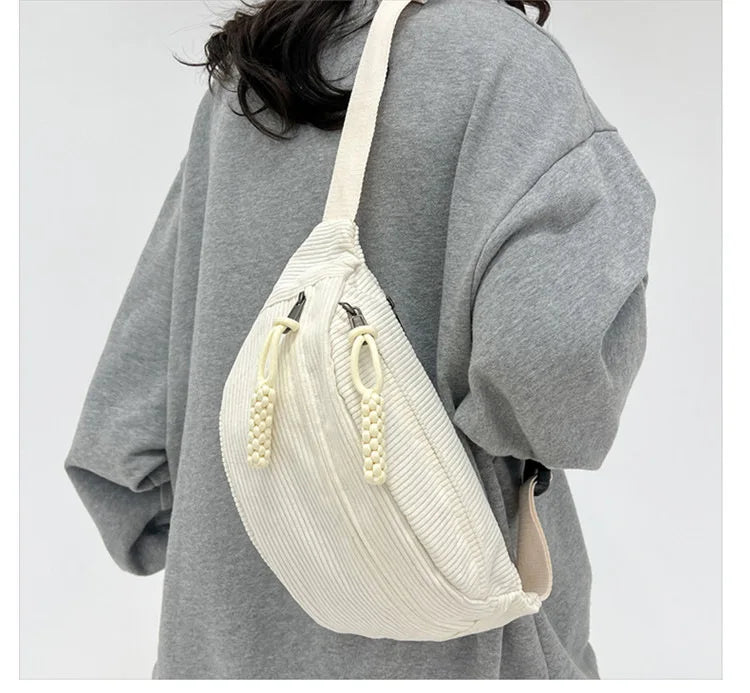Marsupio da Donna in Velluto a Coste di Grande Capacità Borsa da Petto Stile Street Borsa a Tracolla Cintura Casual