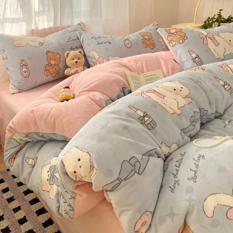 Set Biancheria Da Letto 4 Pezzi In Pile Latte Stampato Invernale Duvet Copripiumino Stile Semplice Accogliente GSM 130