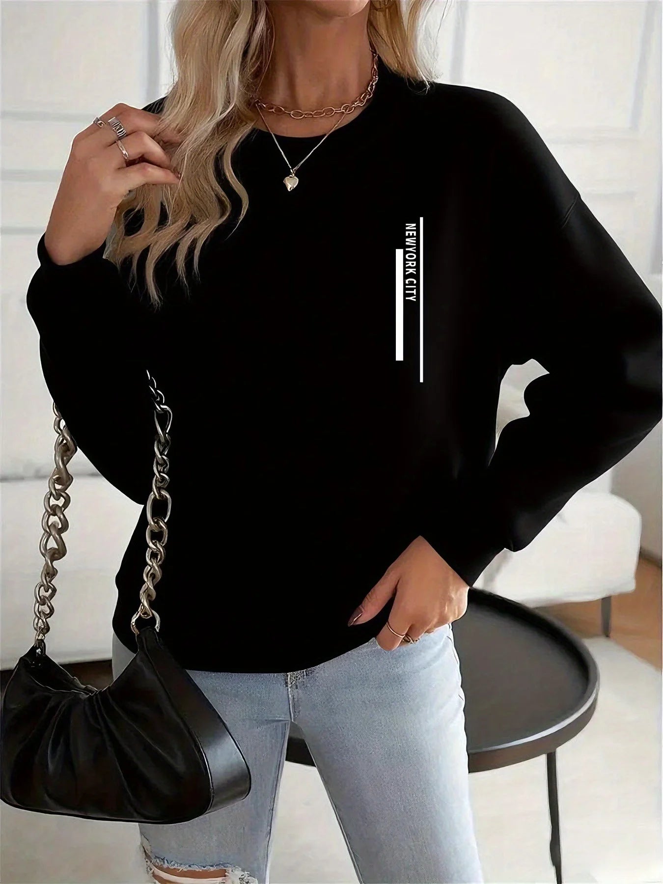 Felpa Donna Con Stampa Cuore Design Geometrico Manica Lunga Girocollo Lavabile In Lavatrice Vestibilità Regolare Autunno