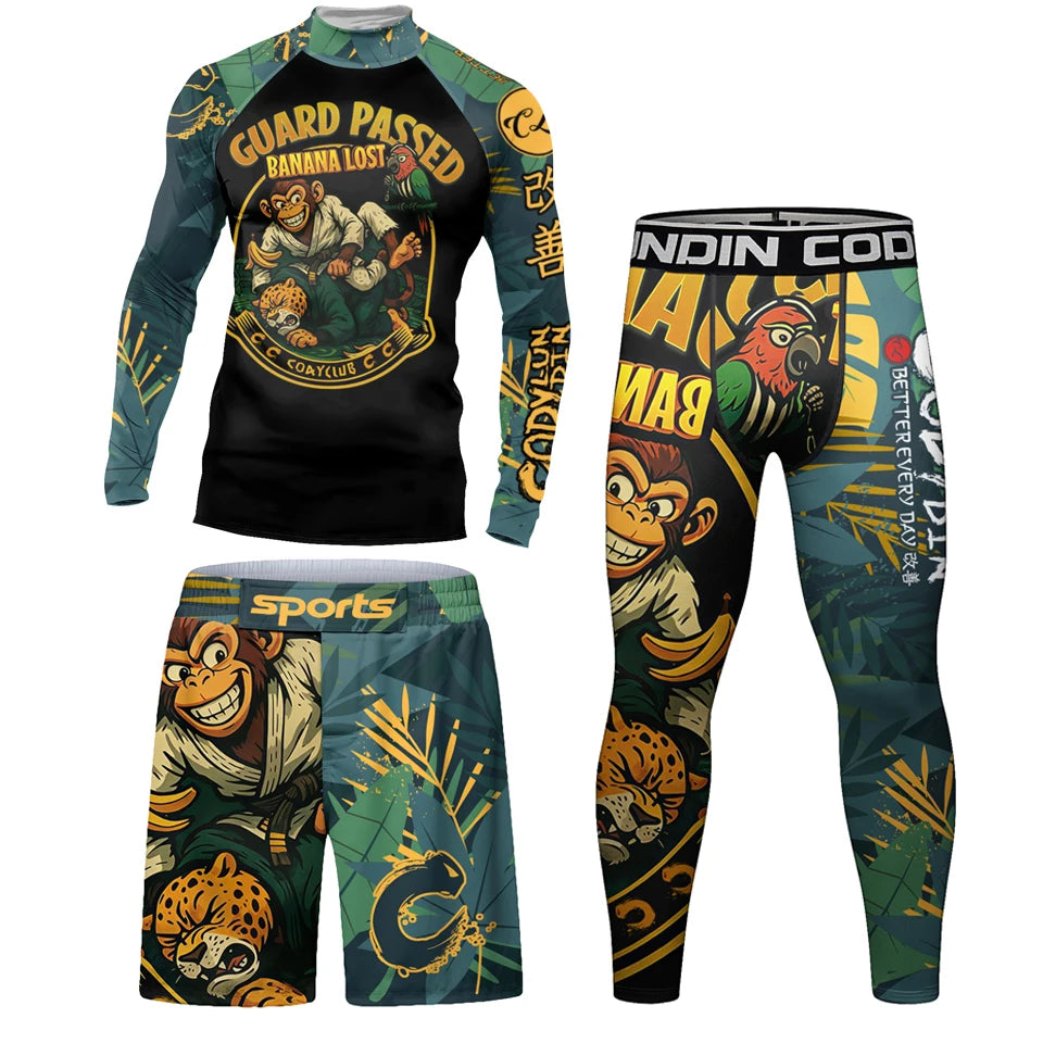 Nuovo Set MMA Da Quattro Pezzi T Shirt Rash Guard Ad Asciugatura Rapida E Pantaloncini Da Combattimento Uomo No Gi BJJ