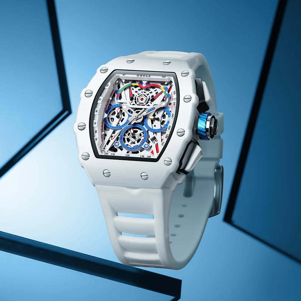 Orologio Da Uomo Di Lusso Onola Moda Casual Cinturino In Silicone Multifunzione Quarzo Impermeabile Bianco