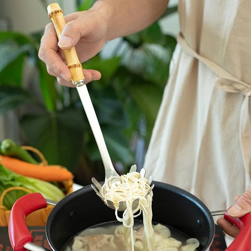Pala Frittura In Acciaio Inossidabile Con Manico In Bambù Naturale E Cucchiaio Zuppa Giapponese Set Utensili Cucina
