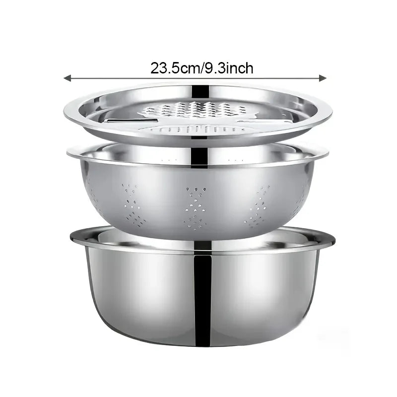 Kit Da Cucina 3 Pezzi Con Ciotola Inox Per Mescolare E Affettatrice Per Verdure Per Pulire E Affettare Frutta