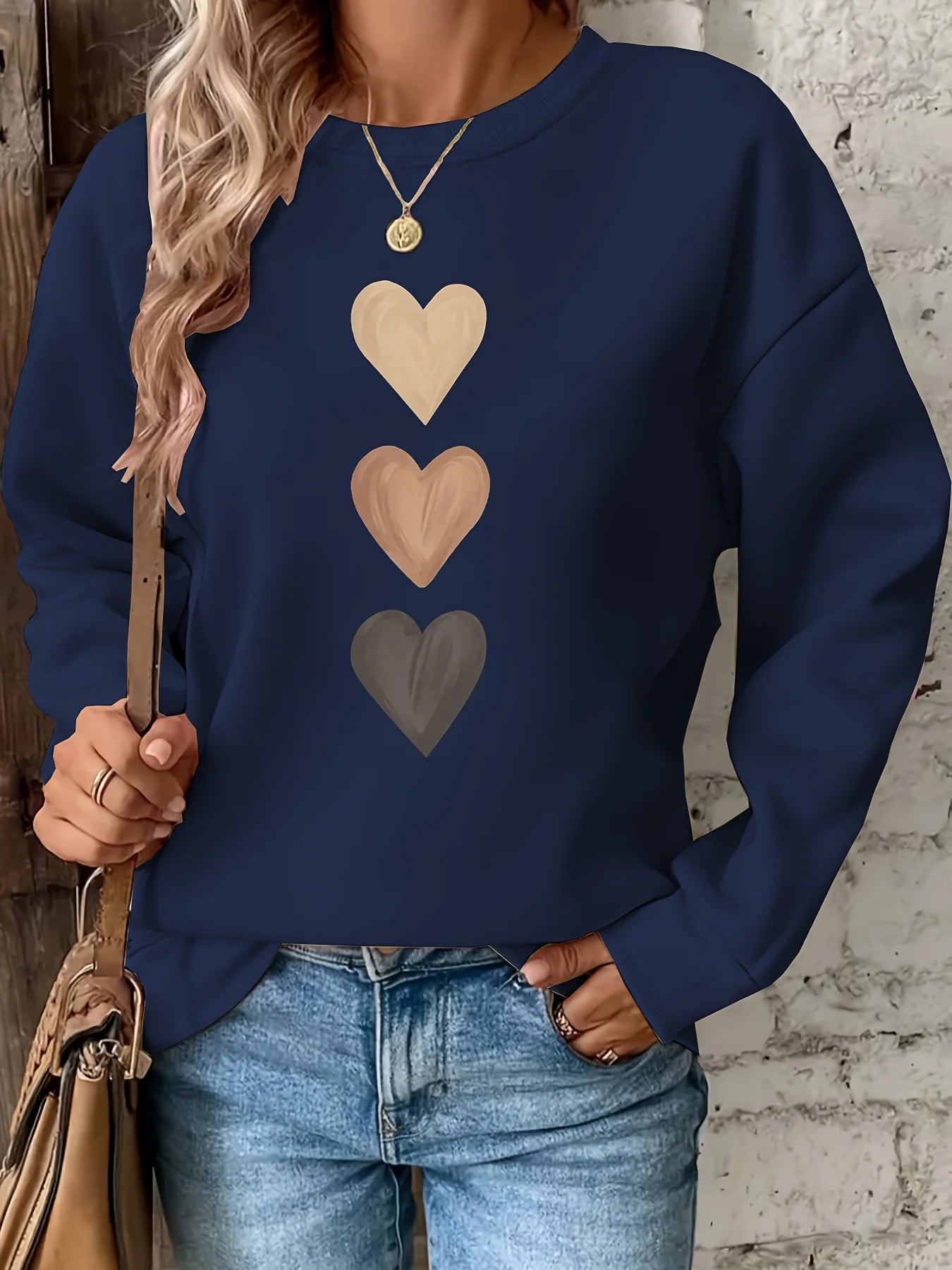 Felpa Donna Con Stampa Cuore Design Geometrico Manica Lunga Girocollo Lavabile In Lavatrice Vestibilità Regolare Autunno