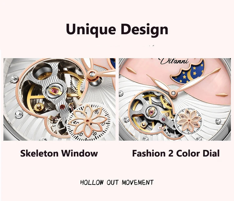 Orologio Da Donna Automatico Impermeabile Con Fasi Lunari E Fiori Girevoli Lusso Di Marca Pregiata