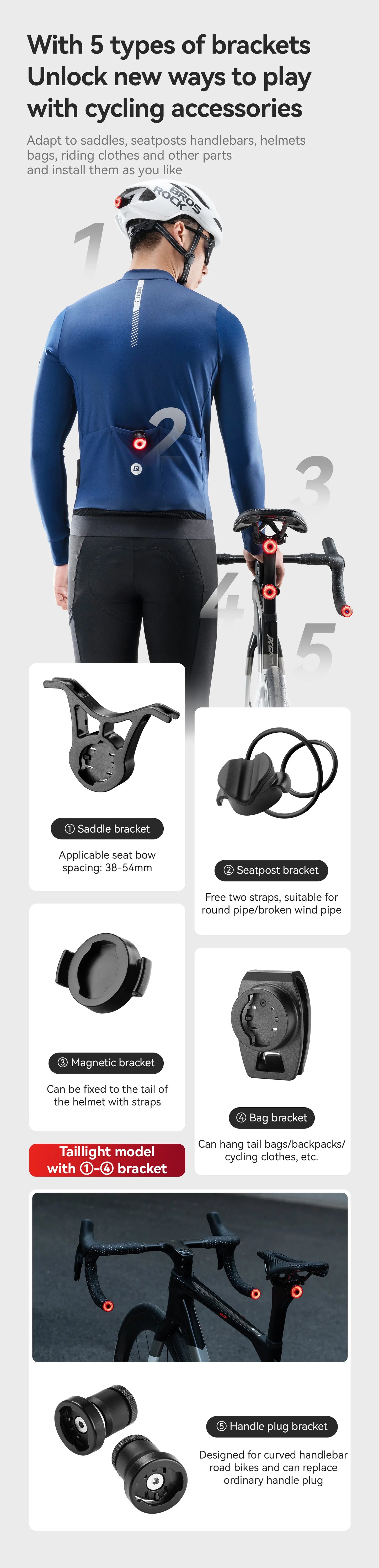 RockBros Luce Per Bicicletta Sensore Vibrazioni Del Freno Fanale Posteriore USB Spina Manubrio IPX5 Per Strada MTB