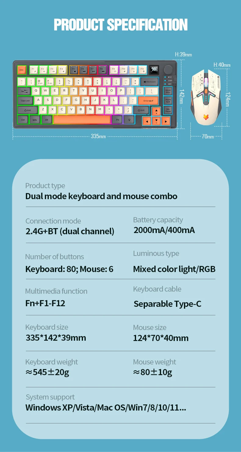 XUNFOX K920 Set Tastiera E Mouse Bluetooth Dual Mode Universali Per Laptop Ufficio E Gaming