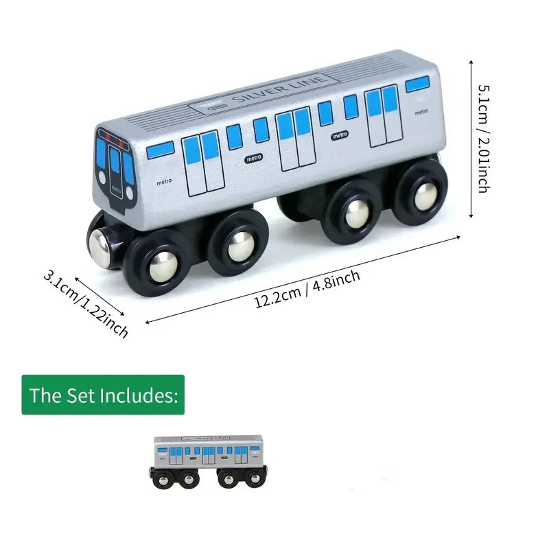 Treno Giocattolo in Legno con Corpo Argentato Esteso Design Otto Ruote Compatibile con Marche di Treni in Legno