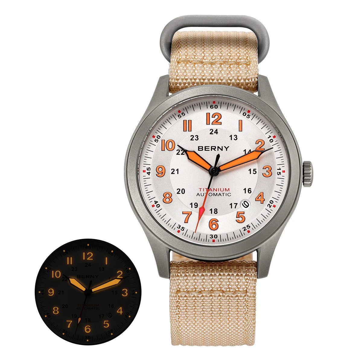 BERNY Orologio Da Campo Da Uomo Automatico In Titanio Con Vetro Zaffiro Luminoso Calendario 10ATM Impermeabile Da Pilota