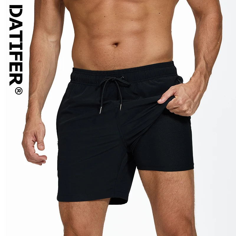 DATIFER Estate 2026 Pantaloncini Da Uomo In Poliestere Con Fodera Spandex 2 In 1 Elastico Vita Tasca Cerniera Palestra