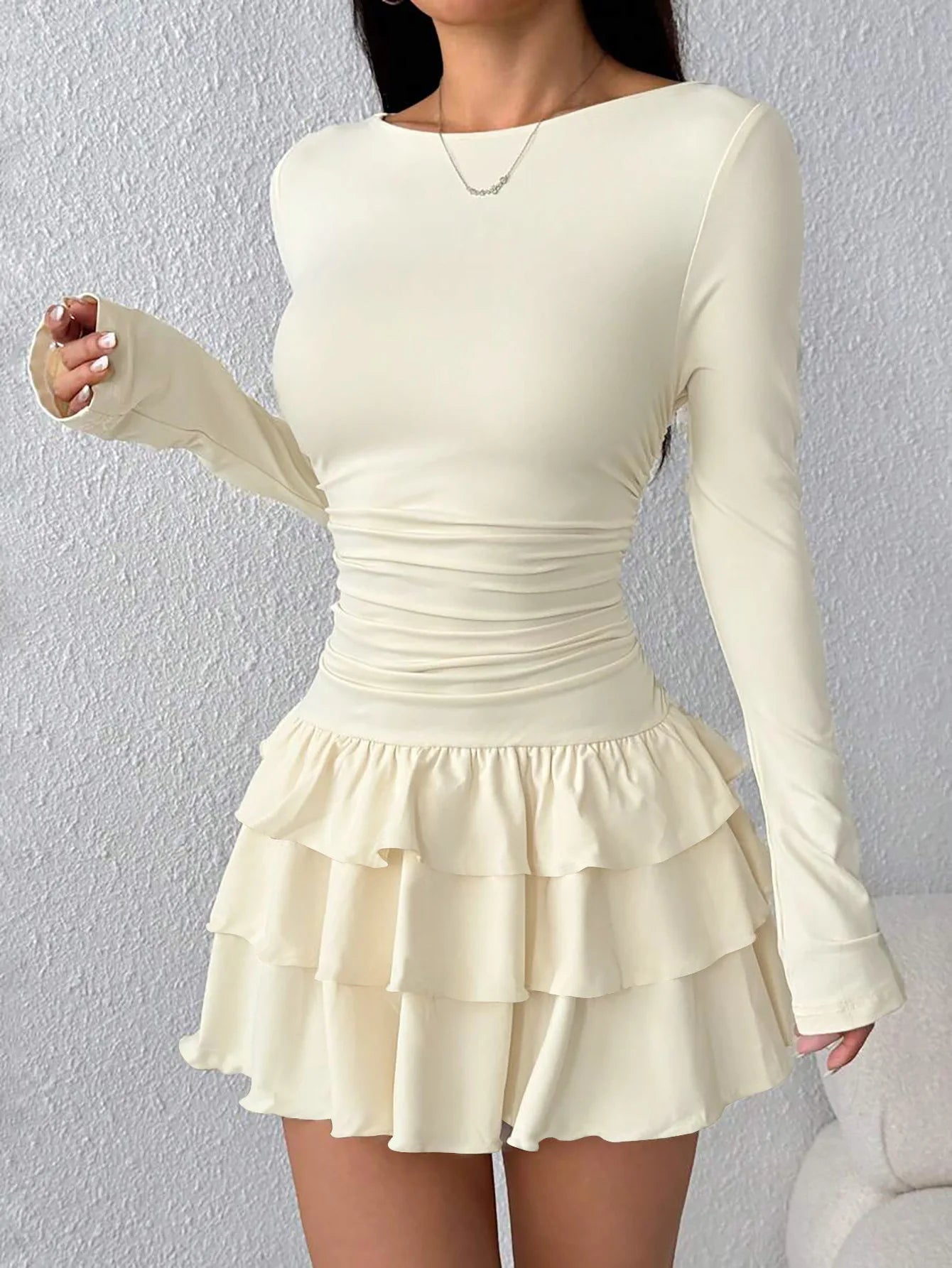 Abito Da Donna Slim Fit Autunno Inverno Midi Vita Alta Empire Tinta Unita Con Increspature E Maniche Svasate