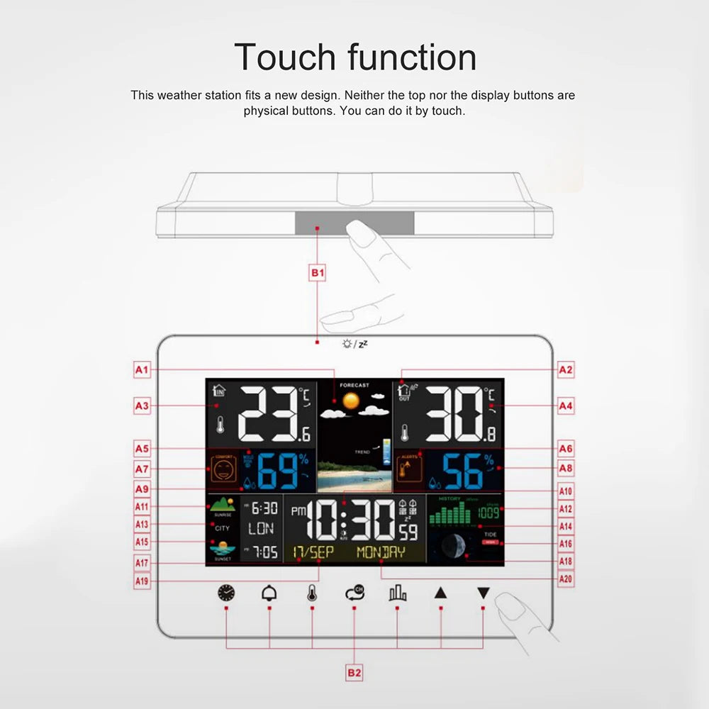 Stazione Meteo Multifunzionale Sveglia Touch Screen Termometro Igrometro Con Sensore Wireless Alba Tramonto Igrotermografo