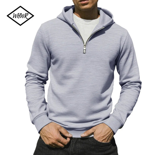 Felpa Con Cappuccio Da Uomo Casual Autunno Calda Solida Con Maniche Lunghe Mezza Cerniera Per Sport Aperto Quotidiano