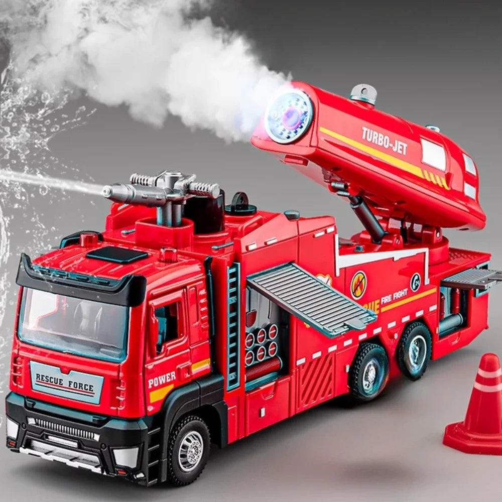 Scala 1:32 Spruzzo D'Acqua Camion Pompieri Modello Con Suono Luce Porte Apribili Tirare Indietro Regalo Ragazzi