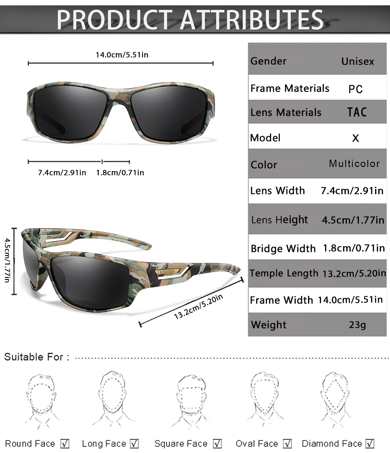 LOISRUBY Occhiali Da Sole Polarizzati Da Pesca Uomo Camouflage Guida Sport All Aperto Ciclismo E Corsa UV400 Attrezzatura