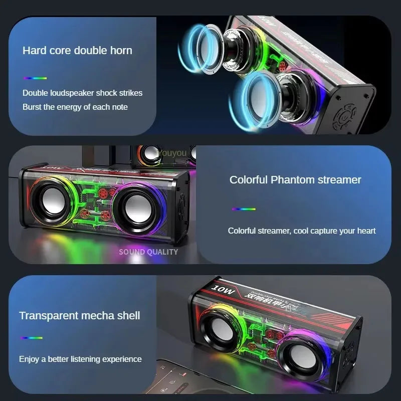 V8 Trasparente Altoparlante Bluetooth 5.0 Wireless Doppio Bassi Diaframma Subwoofer RGB Luce Mini Altoparlante per Festa