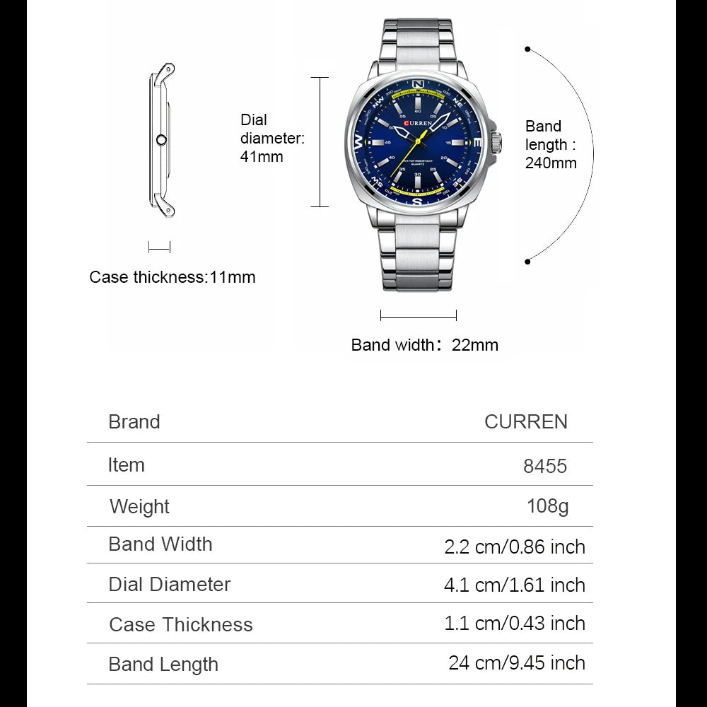 Curren Orologio Da Polso Da Uomo Quarzo Per Business Casual Con Cinturino In Acciaio Inossidabile Impermeabile 8455