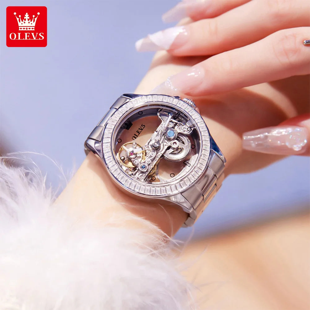 OLEVS 6699 Orologio Meccanico Da Donna Con Lunetta Diamanti Lusso Automatico Di Marca