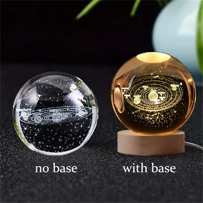 Lampada Notturna Sfera di Cristallo Incisa al Laser Regalo di Compleanno Decorazione da Scrivania con Base USB in Legno