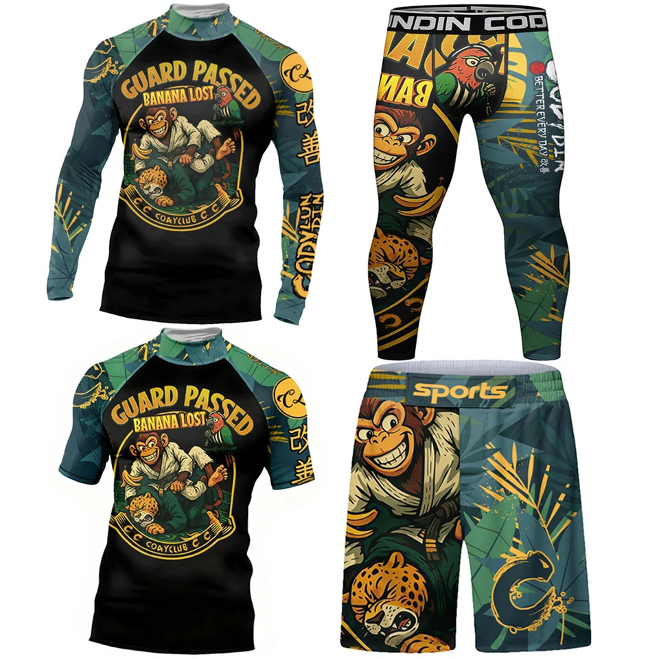 Nuovo Set MMA Da Quattro Pezzi T Shirt Rash Guard Ad Asciugatura Rapida E Pantaloncini Da Combattimento Uomo No Gi BJJ