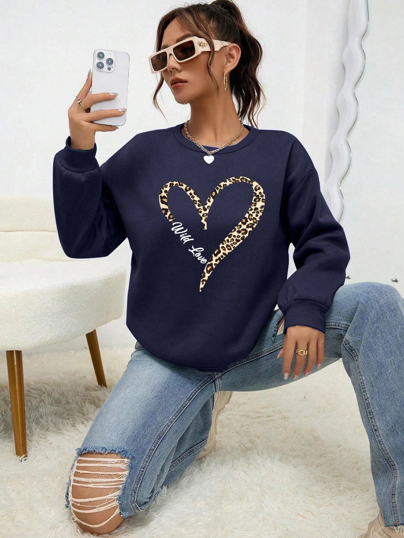 Felpa Da Donna Con Stampa Cuore Leopardato Selvaggio Fodera In Pelliccia Girocollo All Match Abbigliamento Hipster