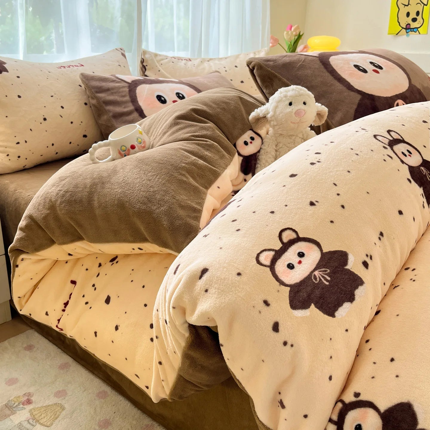 Set Biancheria Da Letto 4 Pezzi In Pile Latte Stampato Invernale Duvet Copripiumino Stile Semplice Accogliente GSM 130