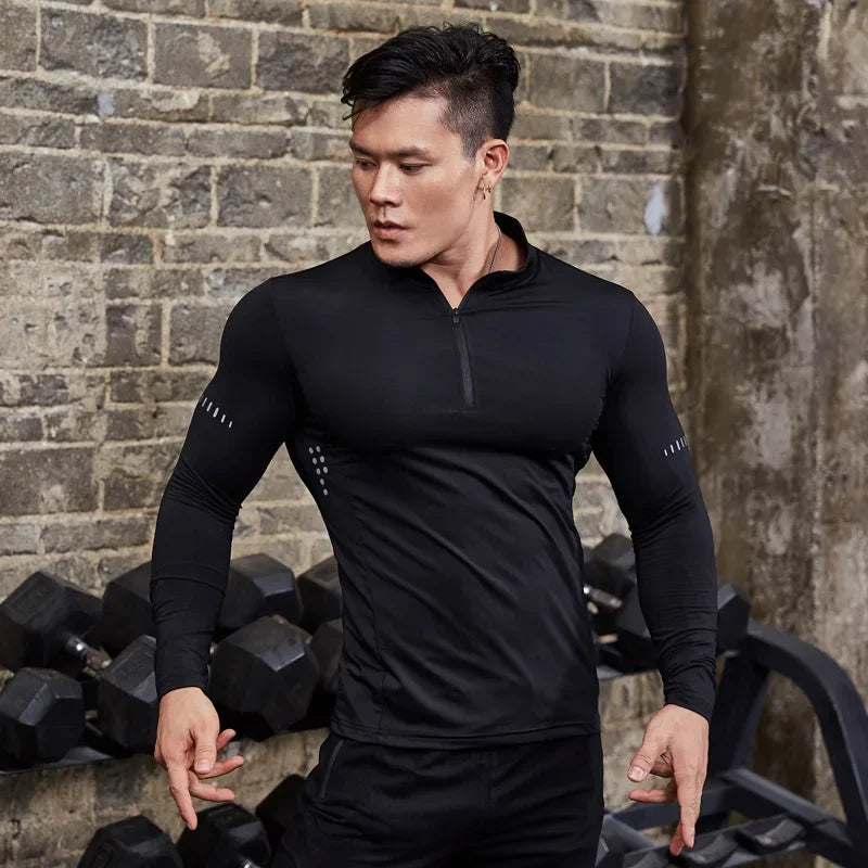 T Shirt Sportiva Da Uomo Manica Lunga Per Palestra E Corsa In Compressione Abbigliamento Sportivo Zip Pullover Rashguard