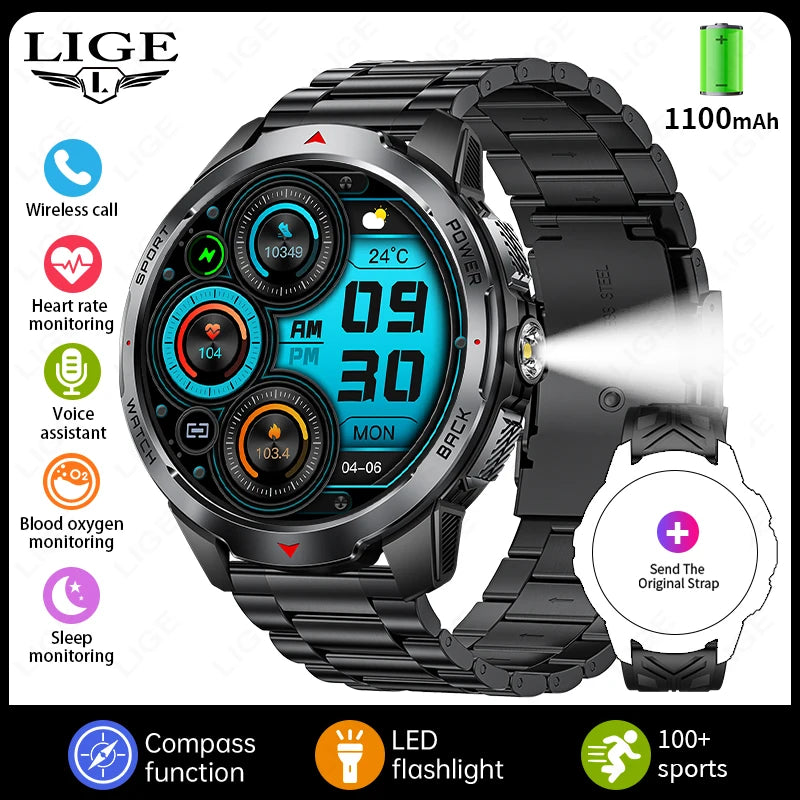 LIGE Smartwatch Da Uomo Bluetooth Chiamata Impermeabile 3ATM Batteria 1100mAh Bussola Esterna Per Sport Fitness