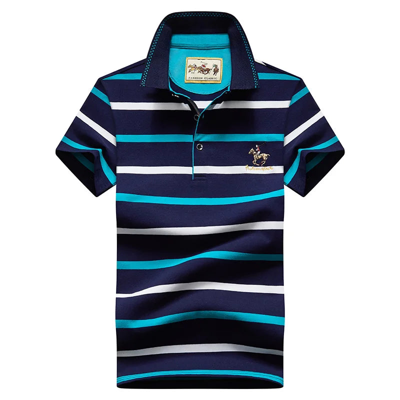 Polo Uomo Slim Fit A Righe In Puro Cotone Estate Manica Corta Collo Flip Elegante