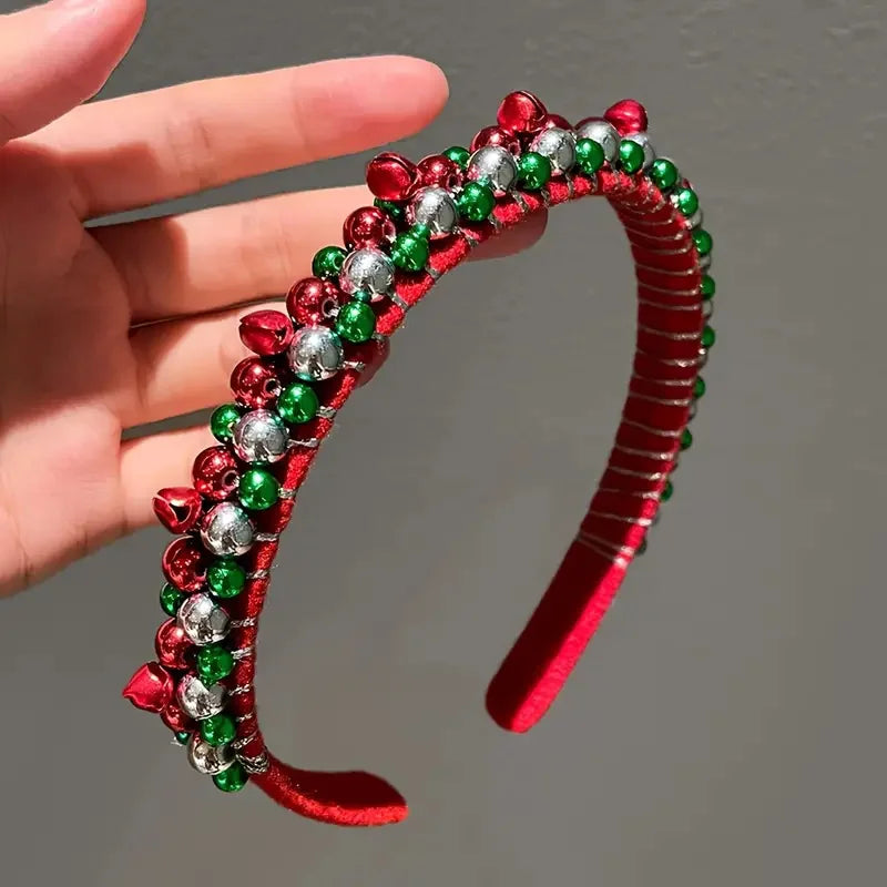 Fascia Natalizia Festiva Con Perline Rosse Verdi Accenti Dorati E Ciondoli A Campana Poliestere Avvolto A Mano